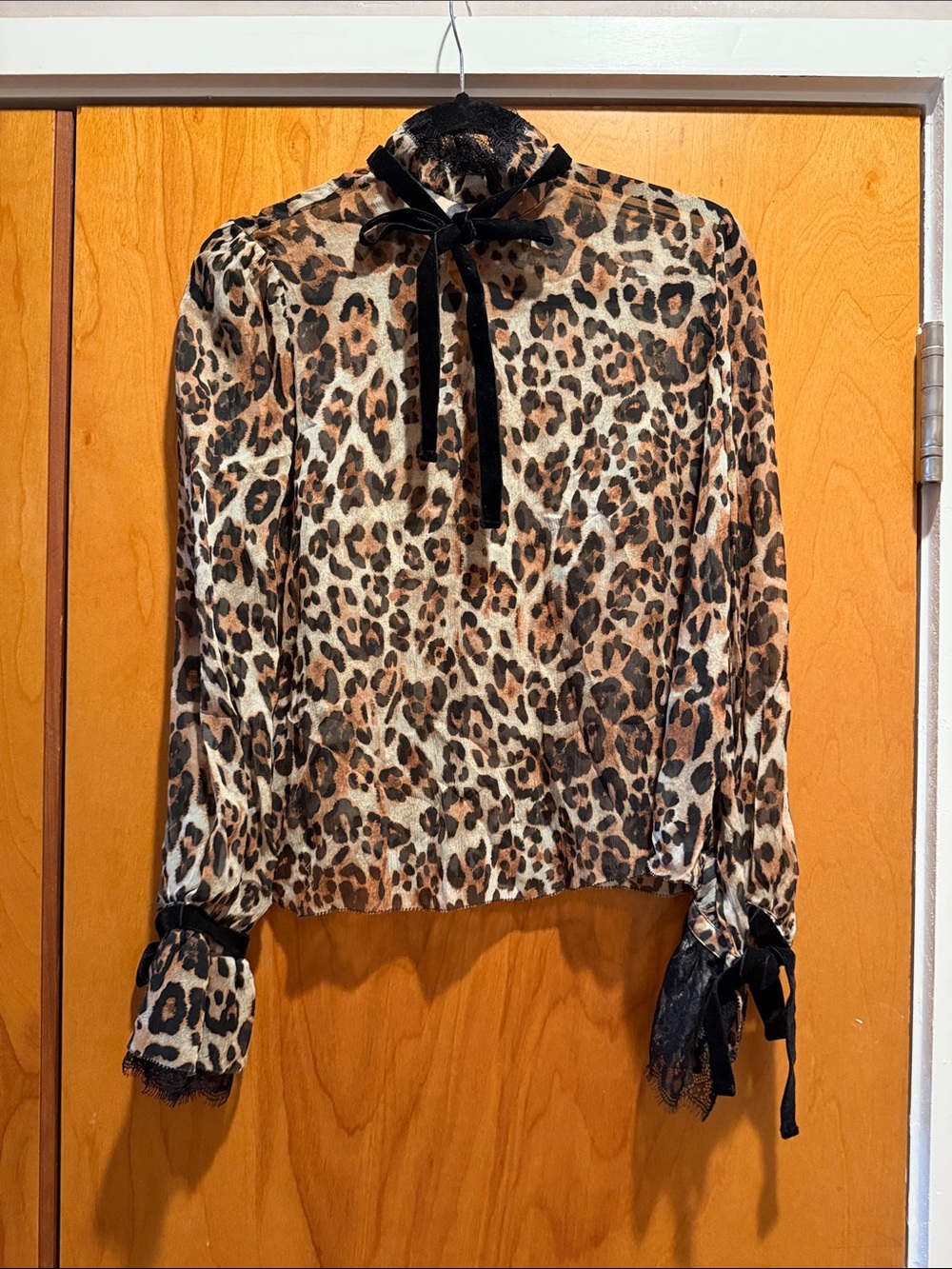 INTERMIX Leopard Print Tie-Neck Blouse in Brown and Black